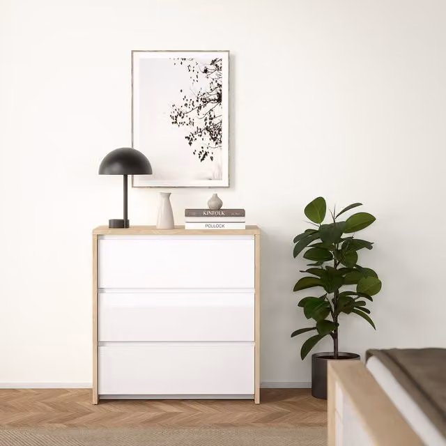 Lumo Chest of Drawers by Furniture To Go in Oak Brown and White Glossy Wood Finish