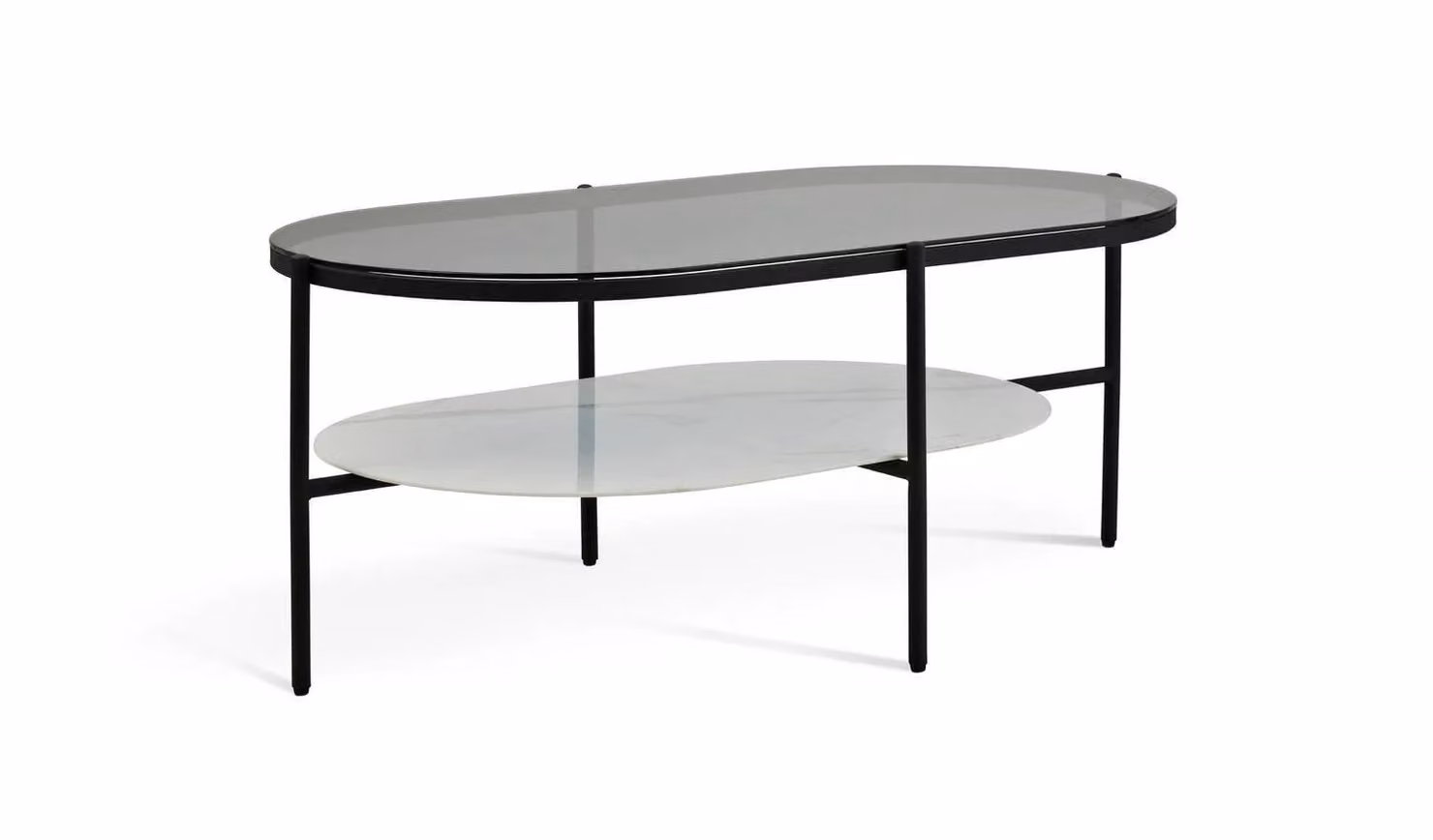 Mist Modern Oval Glass Coffee Table in Black and White with Metal Four-Leg Base, W/D/H: 110 x 60 x 45 cm