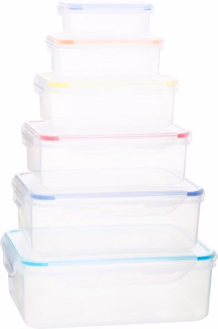Orsina Set of 6 Rectangular Plastic Food Containers with Airtight Leakproof Lids, Transparent and Multicolour, Microwave Safe
