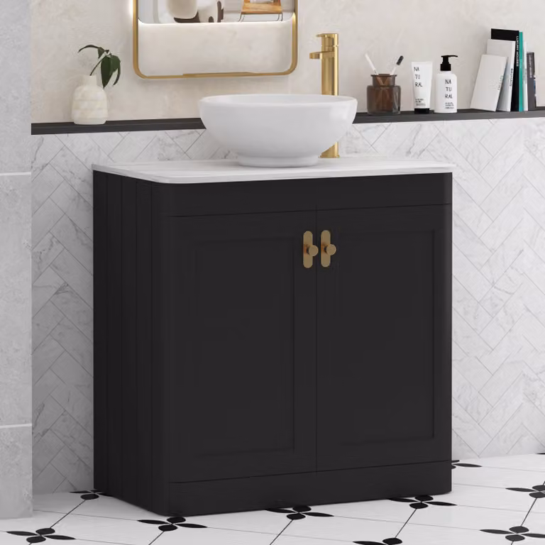 Royal Bathrooms Henley 800mm Matt Nocturne Black Floor Standing 2 Door Vanity Unit with Breeze Basin and Brushed Brass Knob