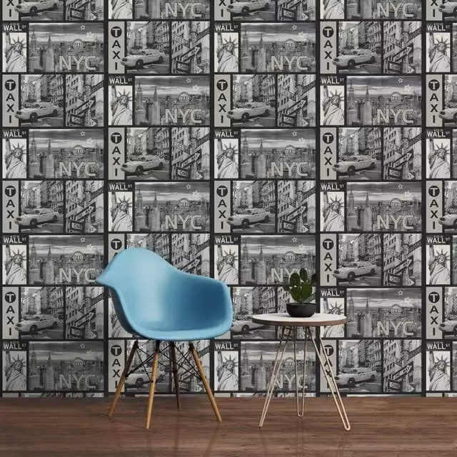 A.S. Création New York Taxi Streets Textured Blown Vinyl Wallpaper in Black, White, Yellow and Grey