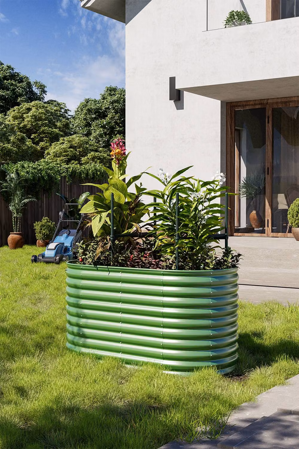 H&O Direct Galvanised Steel Oval Raised Garden Bed in Green, W/D/H: 80 x 80 x 80 cm – 2