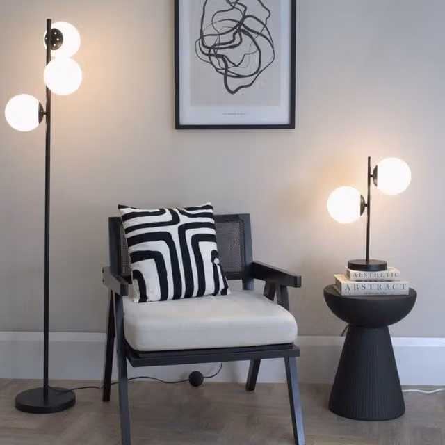ValueLights Modern 3 Way Floor Lamp with White Opal Frosted Glass Globe Shades and Bulbs in Black