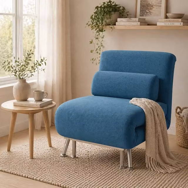 Wyld Haus Ziel Lika Blue Velvet Single Sleeper Chair with Silver Metal Legs