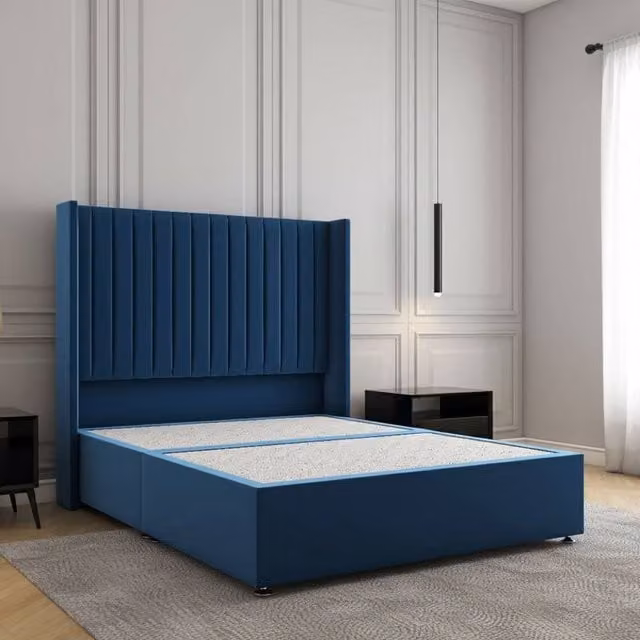 Regional Furnishings Plush Velvet Double Divan Bed Base with 54 inch Headboard in Blue, W/D/H: 140 x 200 cm