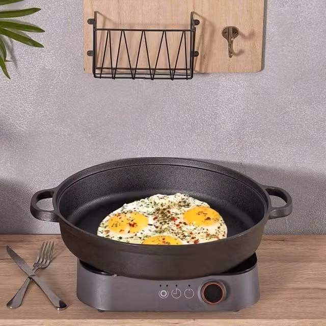 EONLION Uncoated Cast Iron Skillet Frying Pan, Black, 32.5 cm – 1