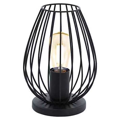 Loops Modern Metal Table Lamp in Black with Wire Cage Shade and E27 Bulb, H 23 cm x W 16 cm x D 16 cm – 1