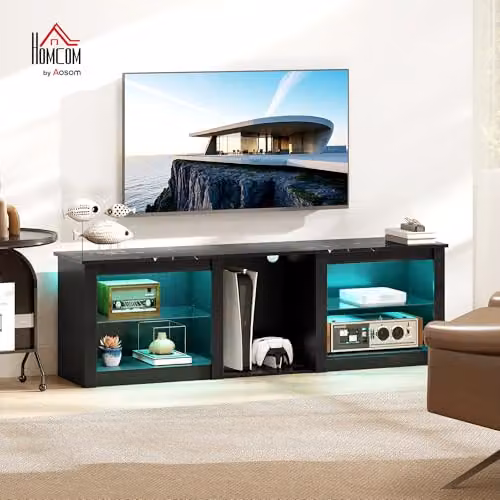 HOMCOM Modern Black TV Unit with LED Lights for Televisions up to 70 Inch, W: 160 cm, D: 35 cm, H: 51.7 cm – 2