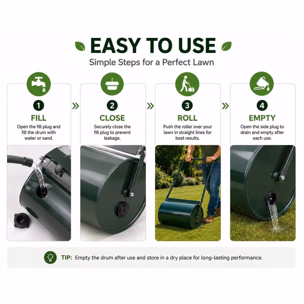 VOGREX Heavy Duty Metal Lawn Roller, Green, 30L Sand or Water Fillable – 4