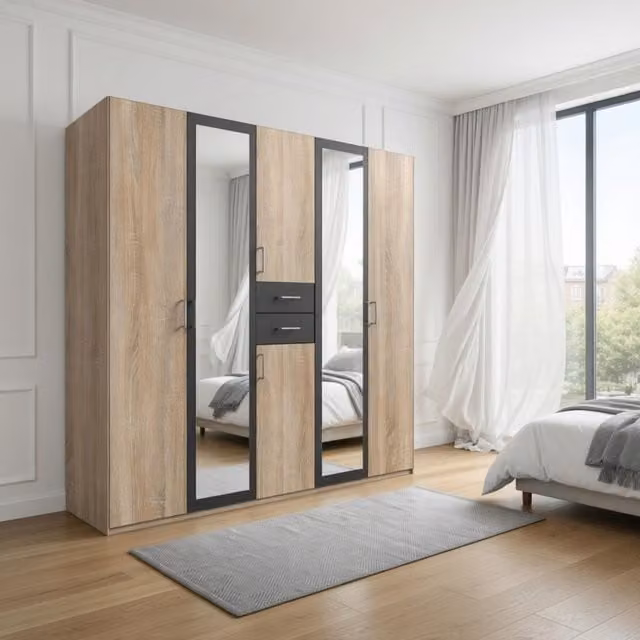 KDMD Diver Oak and Graphite 5 Door Wardrobe with Mirror in Brown and Grey, Width: 225 cm – 1