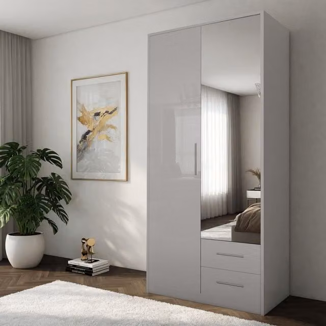 Swindon Gloss White and Matt White 2 Door Wardrobe with Mirror and 2 Integrated Drawers