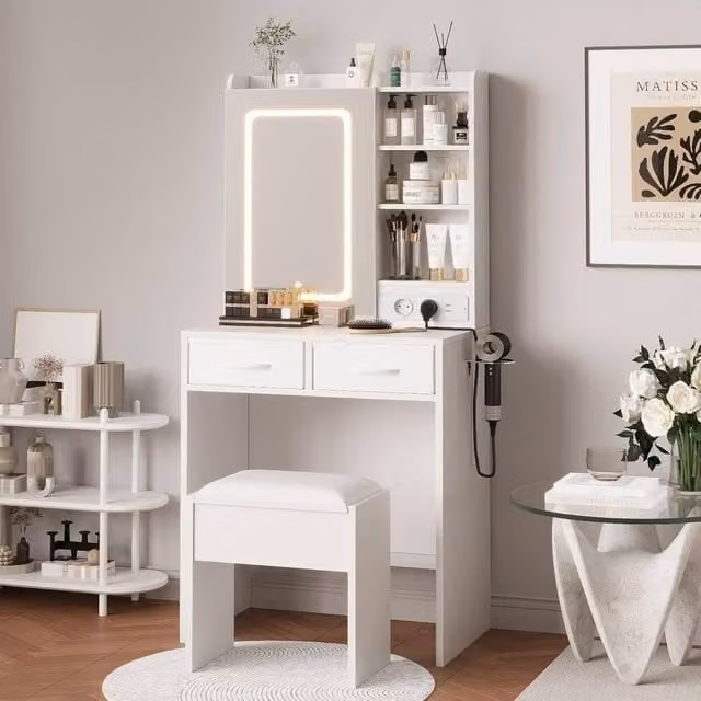 London Boutique Modern White Dressing Table and Stool Set with Hollywood LED Light and Charging Station – 1