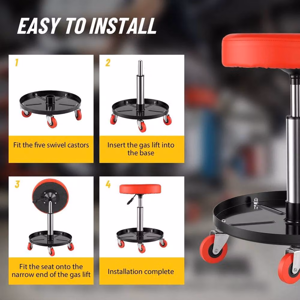 FLAVORA Adjustable Padded Mechanic Rolling Stool with Castors in Red – 5