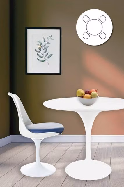 Fusion Living Tulip Dining Set with White Round Table and Four Blue Chairs – 1