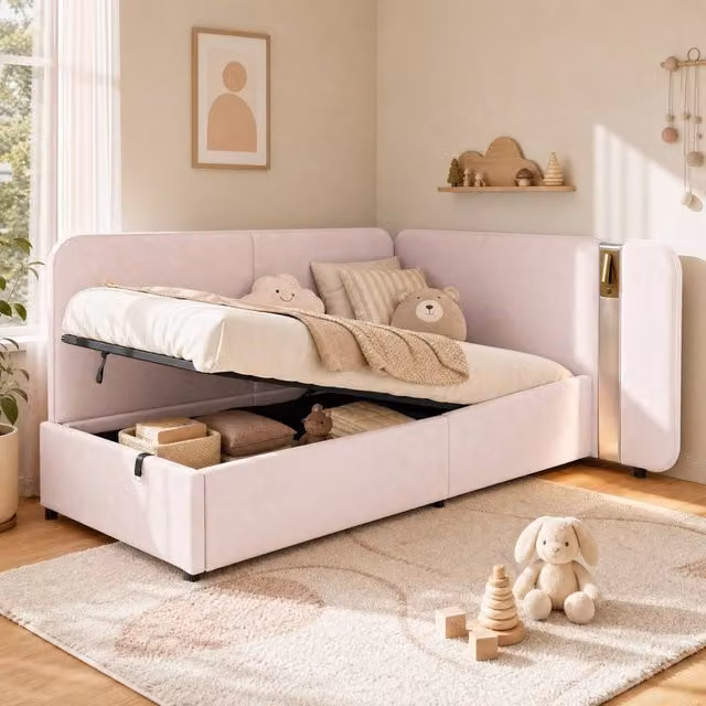STILVORA Pink Velvet Upholstered Single Bed Frame with Lift-Up Storage, Integrated Reading Light and USB Charging Port, W/D/H: 90 x 190 x 87 cm – 1