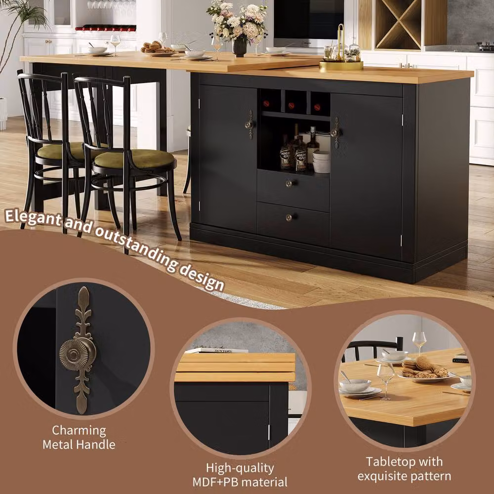 Rolipo Extendable Kitchen Island and Rotating Bar Table with Storage in Matt Black – 2