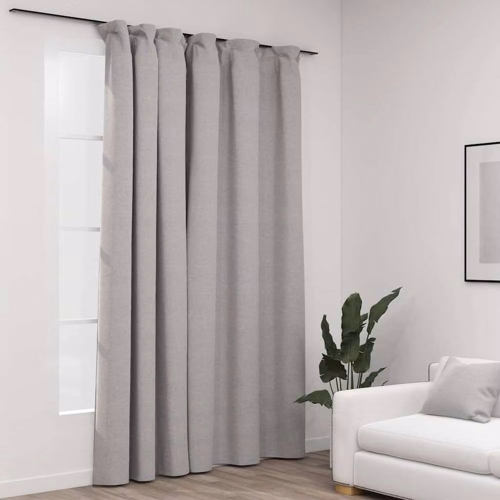 Berkfield Grey Linen-Look Blackout Curtain with Hooks, W: 290 cm, H: 245 cm