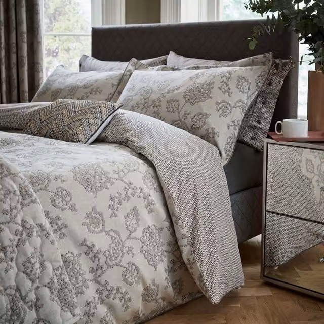Bedeck Of Belfast Canna Reversible Single Duvet Cover, Grey Cotton Jacquard Floral