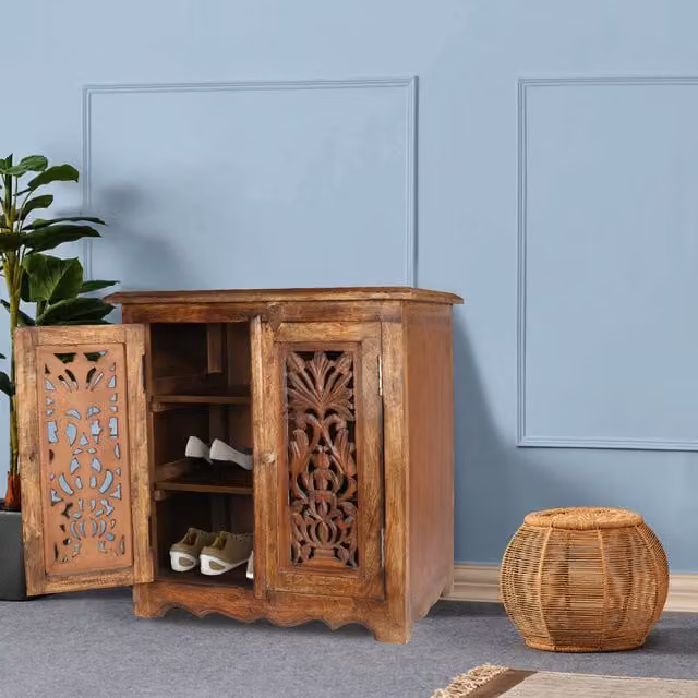 Topfurnishing Ethnic Mango Wood Carved Hallway and Bedside Shoe Cabinet in Brown