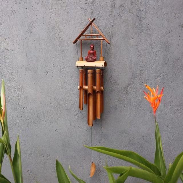 KDMK Brown Buddha Bamboo Windchime Hanging Boho Wood Decor
