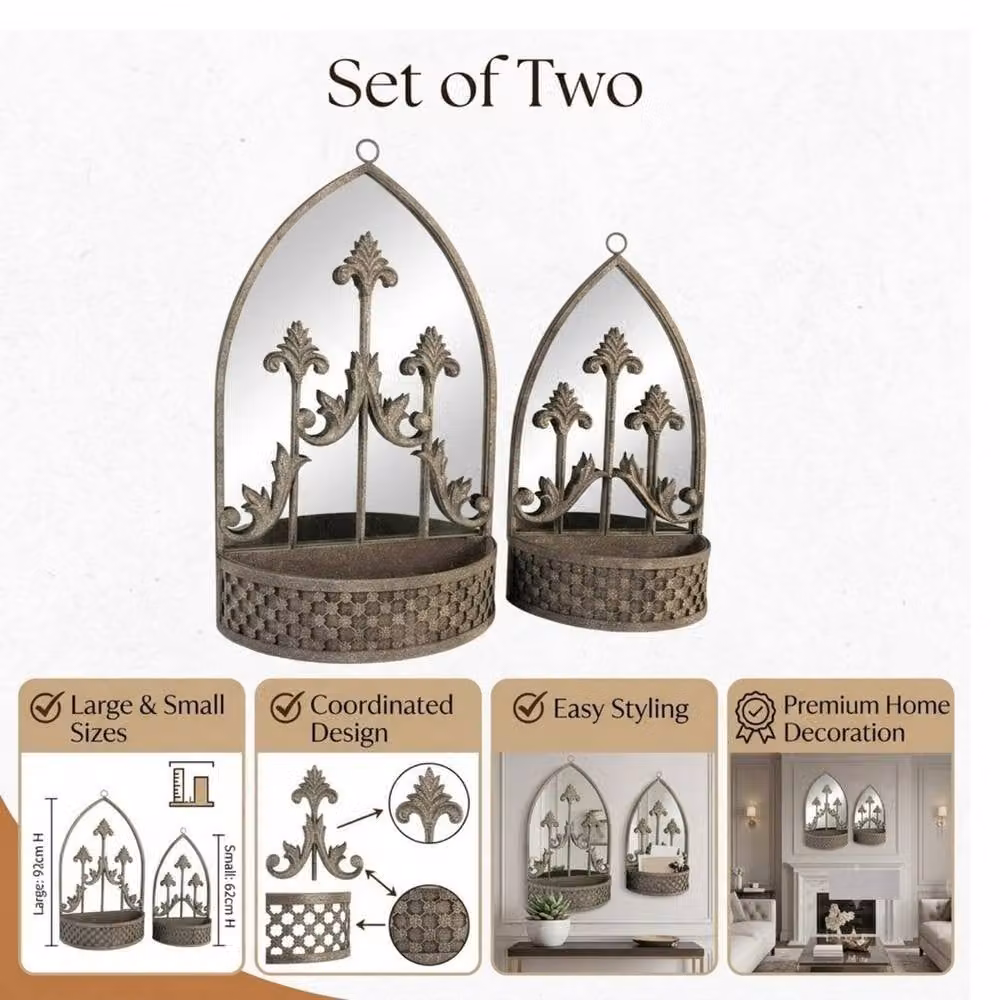 Minster Stylish Living Ltd Set of 2 Grey Metal Wall Mounted Planters with Mirror, W: 45 cm, H: 62 cm, D: 15 cm – 3