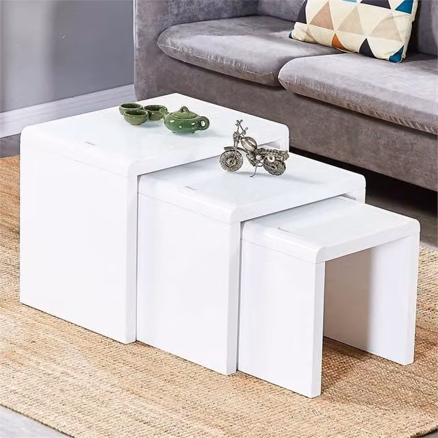 Pawnora Nest of 3 Modern Square Coffee Tables with Glossy White Glass Tops – 1