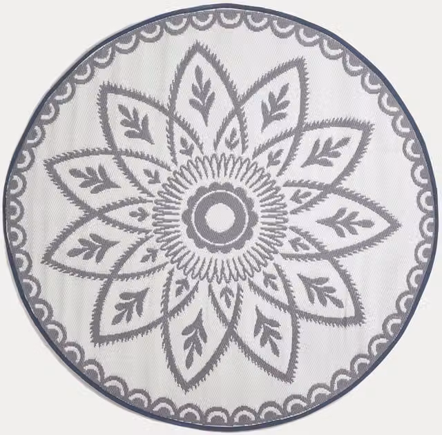 Homescapes Round Outdoor Rug in White and Grey Henna, Diameter: 180 cm