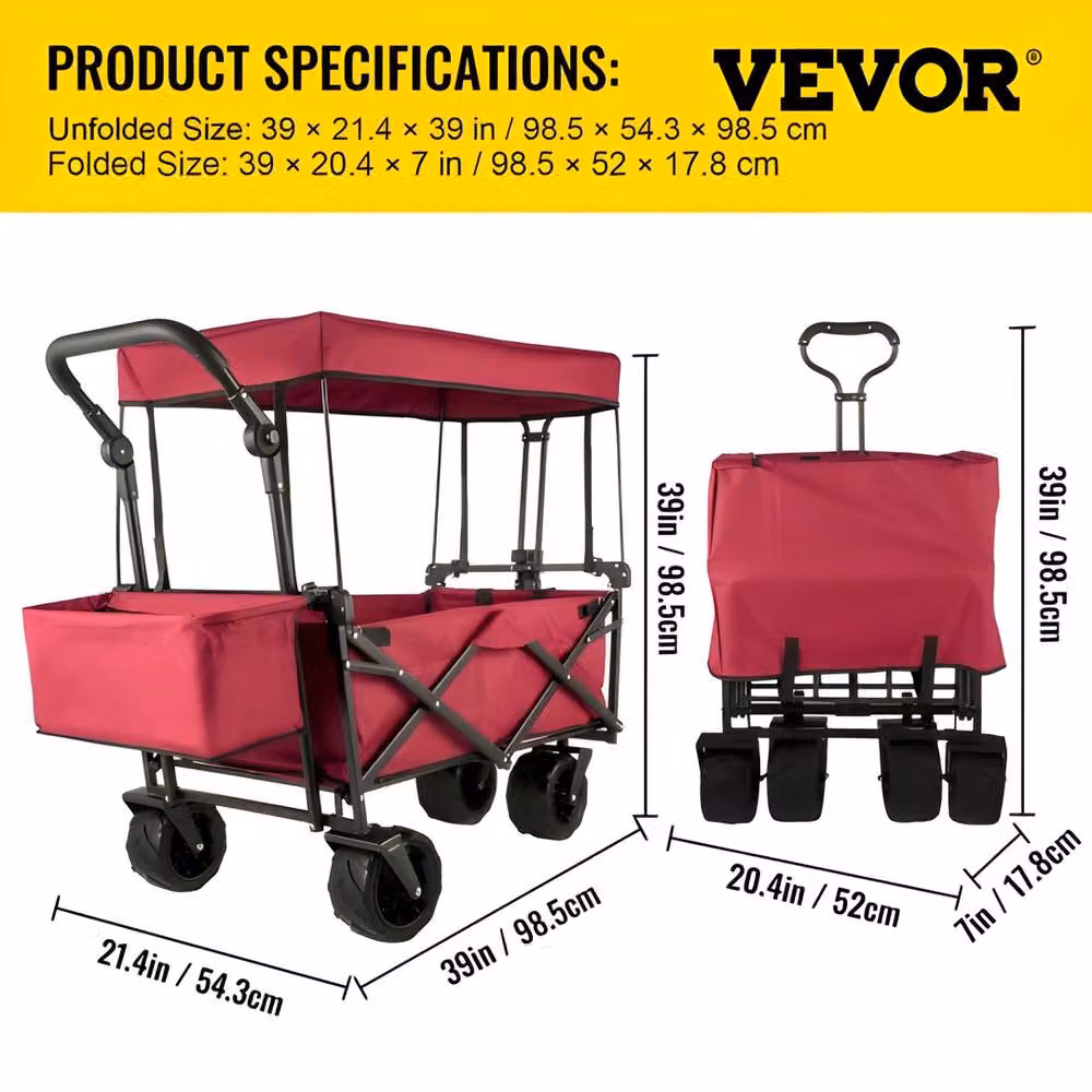 VEVOR Foldable Trolley with Adjustable Handle and Removable Canopy, Red – 7