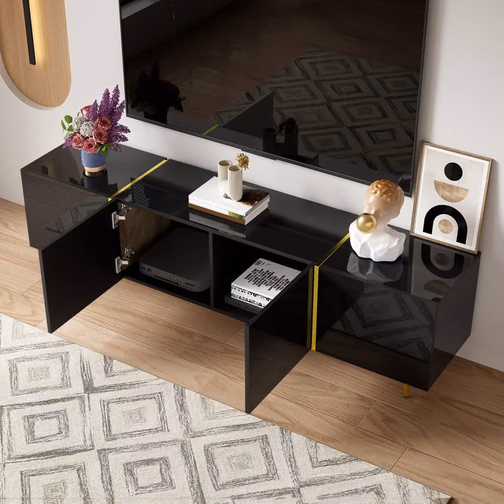 Merax Modern High Gloss Media TV Unit in Black and Gold with Four Doors, W: 170 cm, D: 35 cm, H: 46 cm – 3