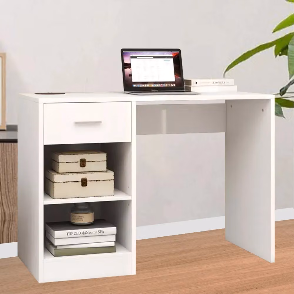 VOGREX White Computer Desk with Drawer and 2 Shelves, W: 100 cm – 2