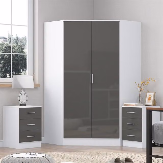 Reflect Modern Glossy Grey and Matt White Bedroom Set with 2 Door Corner Unit and 2x 3 Drawer Bedside Tables