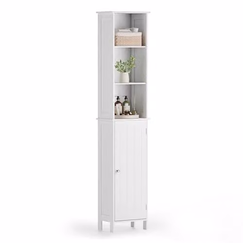 VonHaus Holbrook Tall White Freestanding Bathroom Storage Cabinet with 6 Shelves and Shaker Design, H 165.2 x W 34.0 x D 23.0 cm – 1