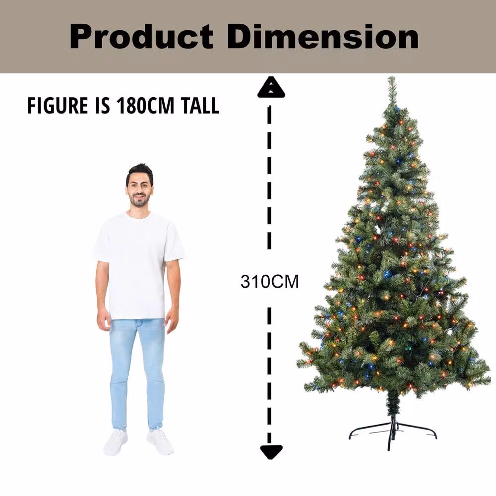 Shatchi 10ft Pre-Lit Alaskan Pine Artificial Christmas Tree in Green with Warm Multicolour LEDs and Metal Stand – 4