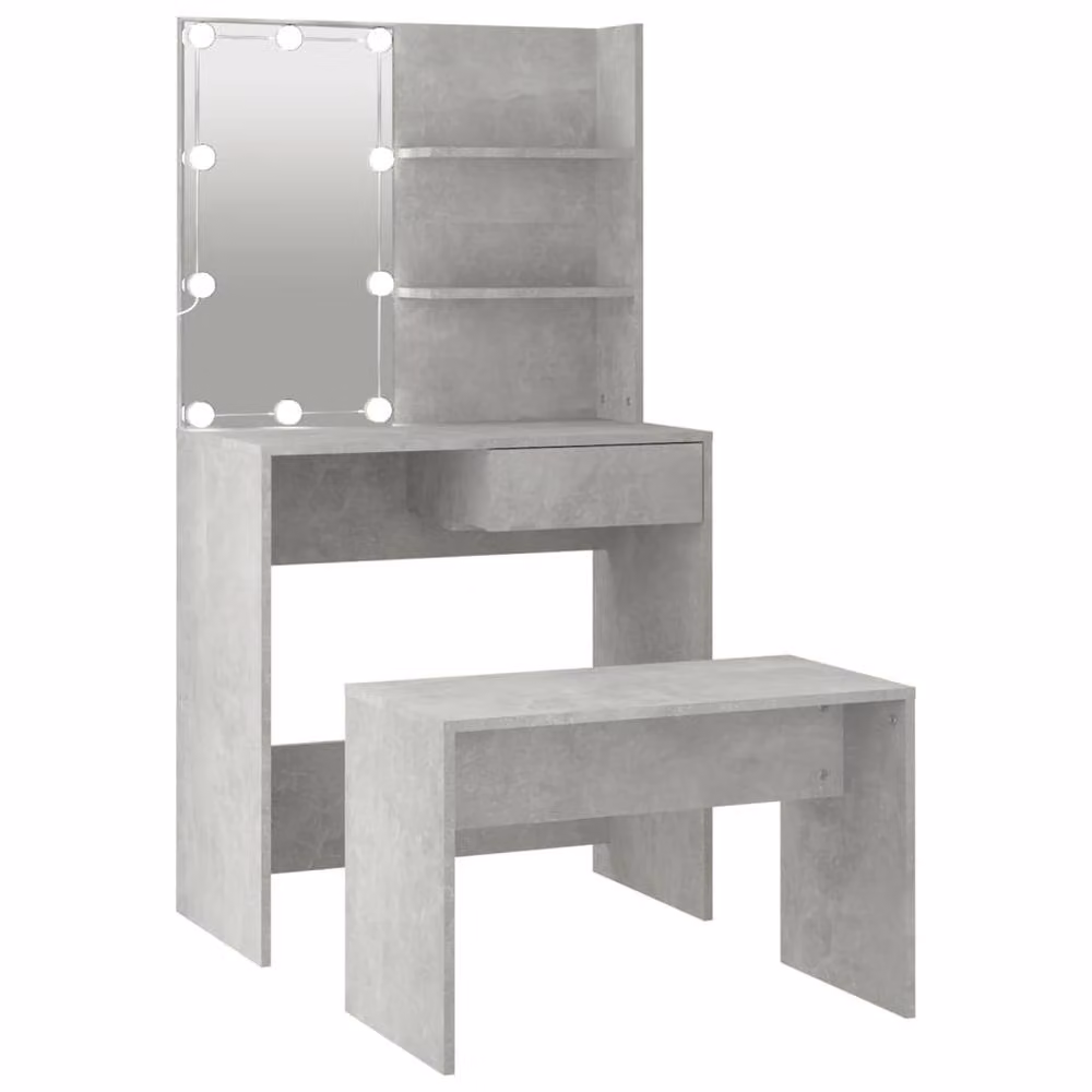 Berkfield Home White and Grey Modern Dressing Table Set with Hollywood LED Mirror, W/D/H: 141 x 40 x 74.5 cm – 2