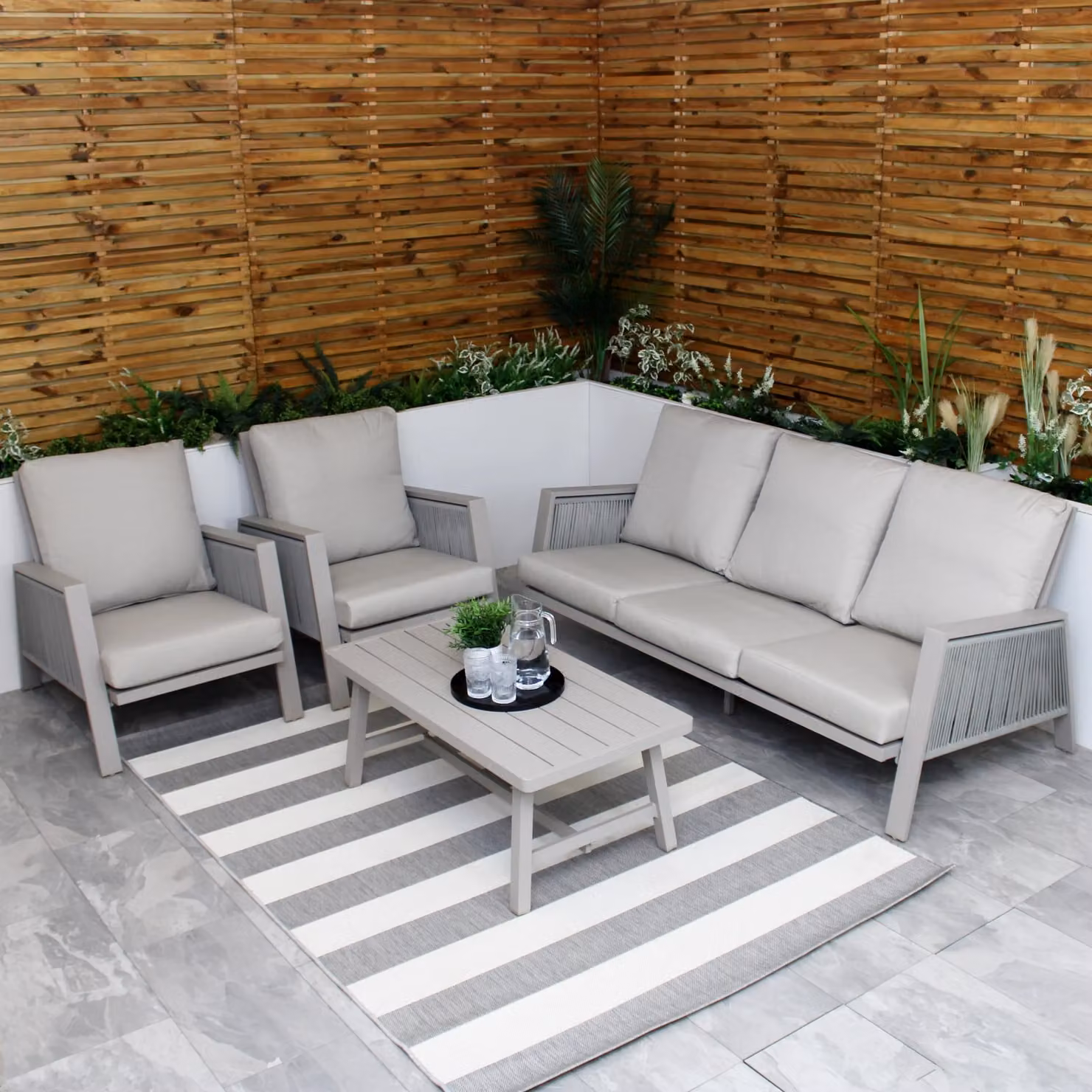 Modish Furnishing Sicily 5 Seater Aluminium Garden Sofa Set with Grey and Beige Cushions – 2