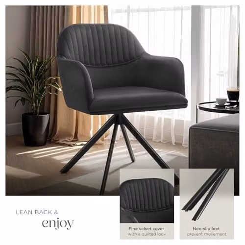 tectake Set of 4 Black Velvet Swivel Dining Chairs with Armrests and Steel Legs – 6