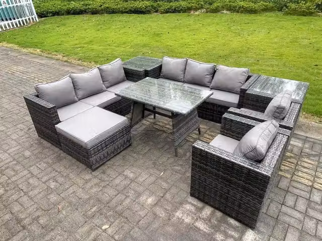 Fimous Wicker Rattan Outdoor Garden Dining Set in Dark Grey with Lounge Sofa, Dining Table, 2 Side Tables and Large Footstool