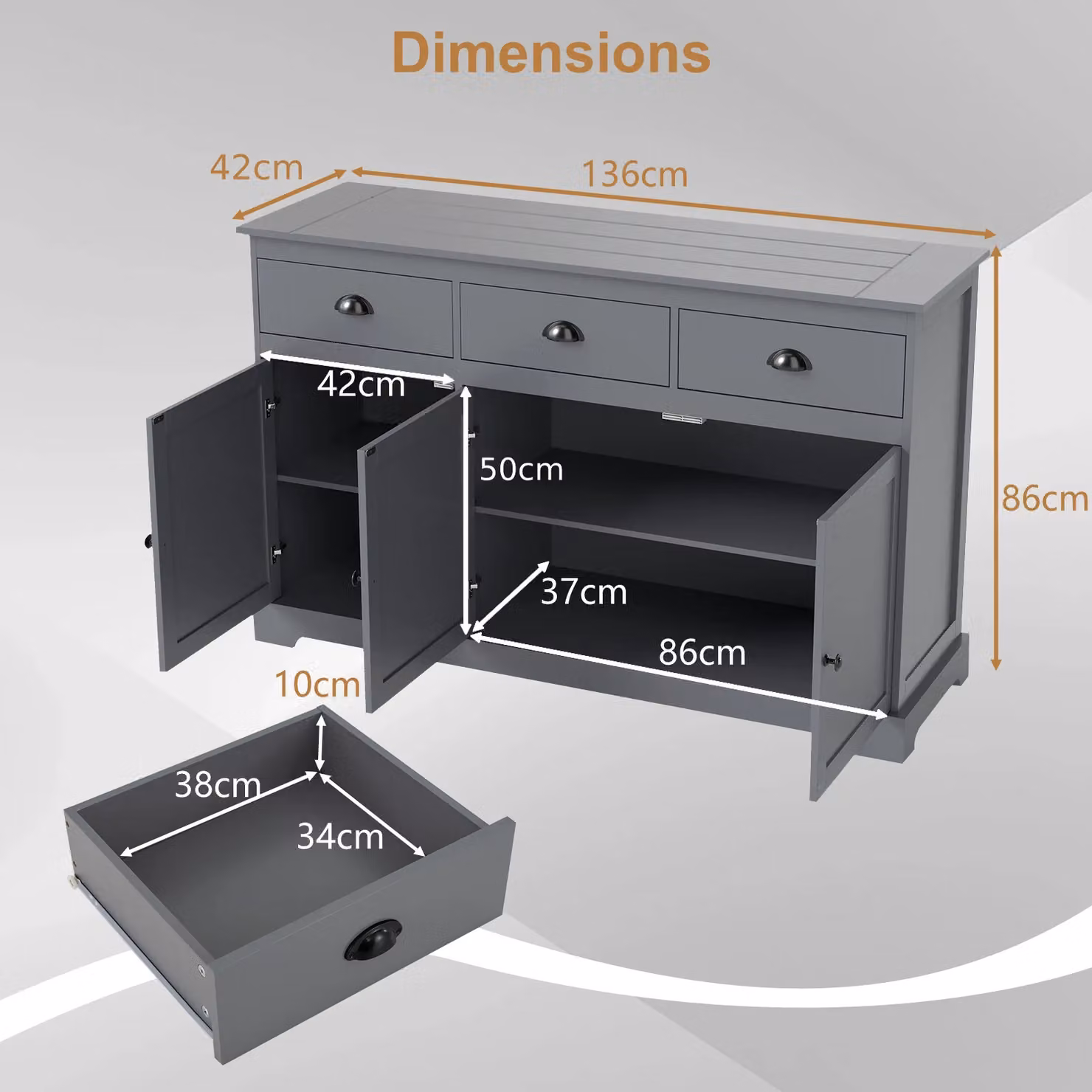 Gymax Modern Buffet Sideboard and Bar Station in Grey with 3 Drawers and 3 Doors, W: 136 cm, H: 86 cm – 5