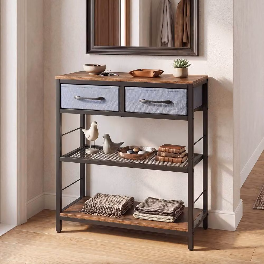 KORVIXA 3-Tier Rustic Brown Wood and Metal Entryway Storage Rack, W: 100 cm, H: 81 cm – 5