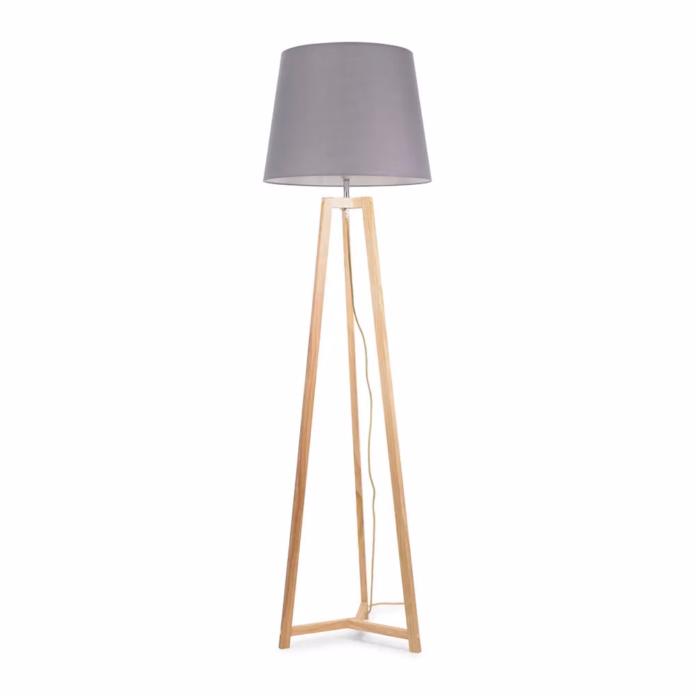 ValueLights Lottie Natural Wood Tripod Floor Lamp with Grey Fabric Tapered Shade, H 158 cm x W 45 cm x D 45 cm – 2