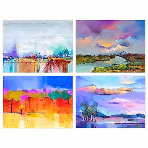 Wee Blue Coo Pack of 4 Multicoloured Coastal Landscape Abstract Oil Painting Unframed A4 Paper Poster Prints Set, W: 29.7 cm, H: 29.7 cm