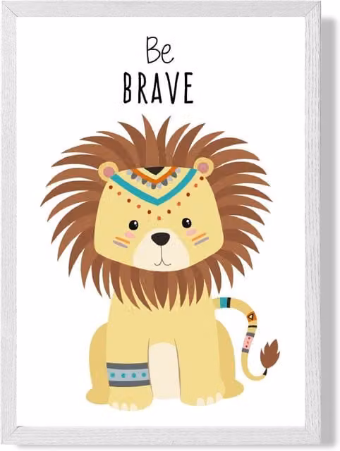 ARTZE Be Brave Lion Tribal Animal Quote Framed Print, Yellow and White