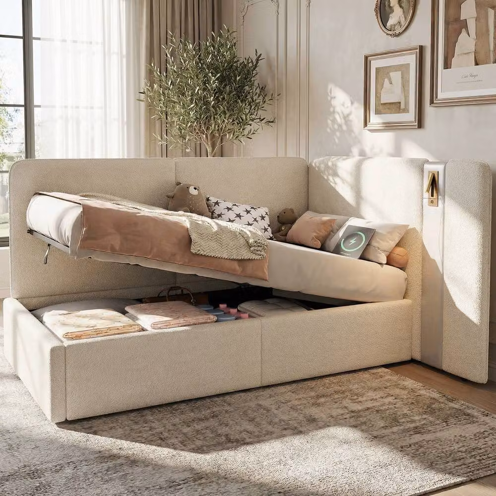 Merax Single Boucle Daybed Sofa Bed with Storage, USB Charging Port and Integrated Reading Light, Beige, W/D/H: 90 x 190 x 136 cm – 2