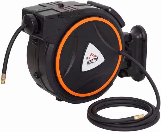 HOMCOM Wall Mounted Auto Rewind Hose Reel with 180 Degree Swivel Bracket, Black – 1