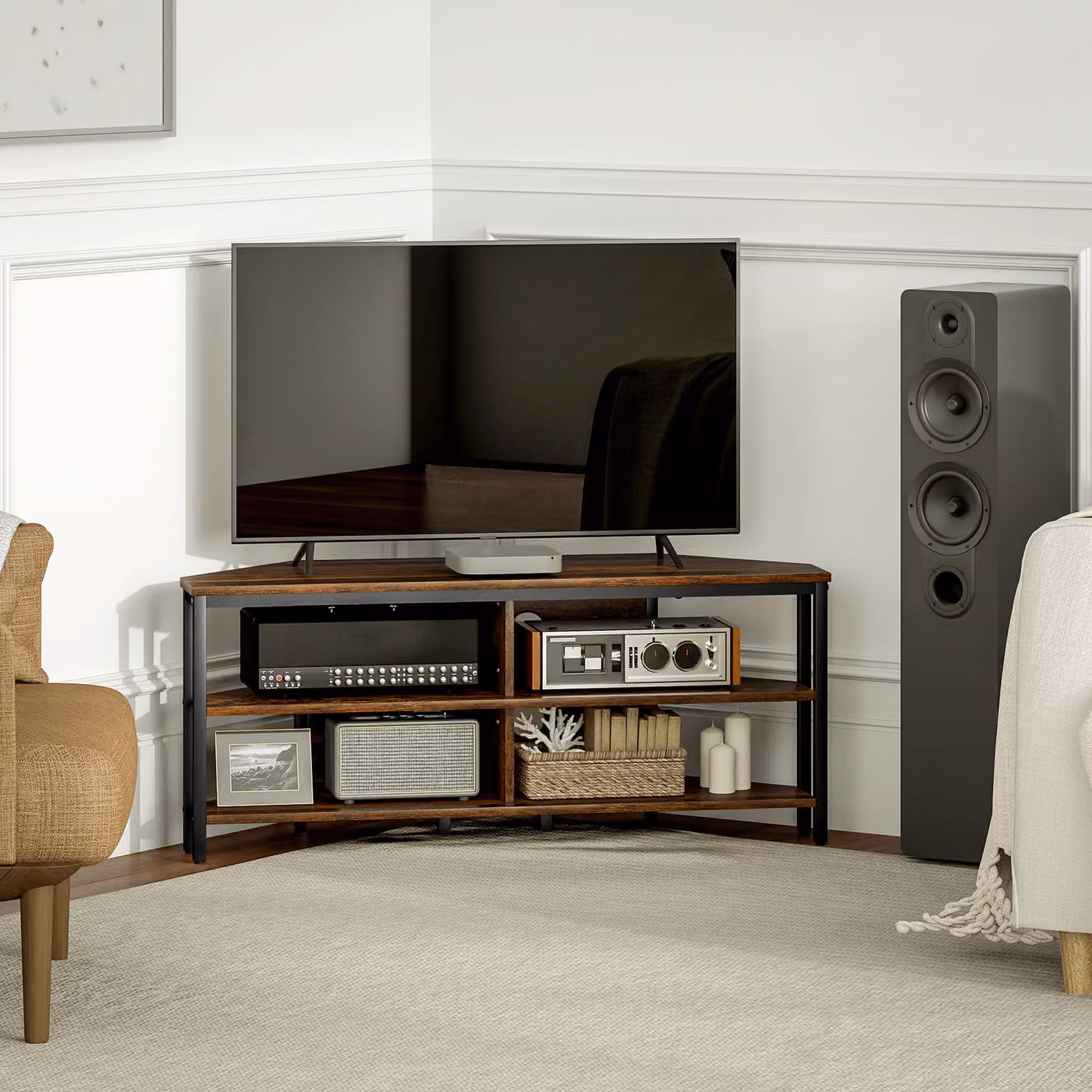 HOMCOM Industrial-Style Corner TV Unit in Black and Brown – 8