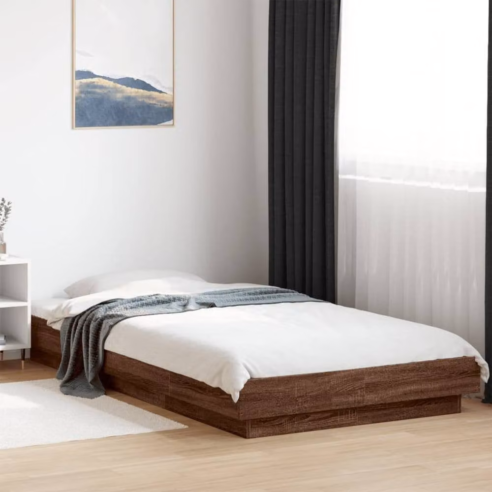 Berkfield Home Durable Bed Frame with LED Under-Bed Lighting in Brown Oak, W/D/H: 90 x 190 x 23 cm – 1