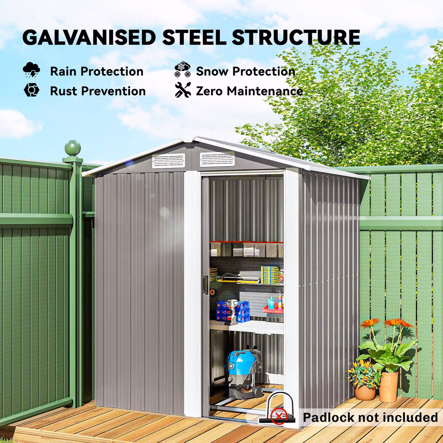 Outsunny Grey Metal Garden Tool Storage Shed with Sliding Door, Sloped Roof and Foundation Kit, W/D/H: 152 x 132 x 188 cm – 4