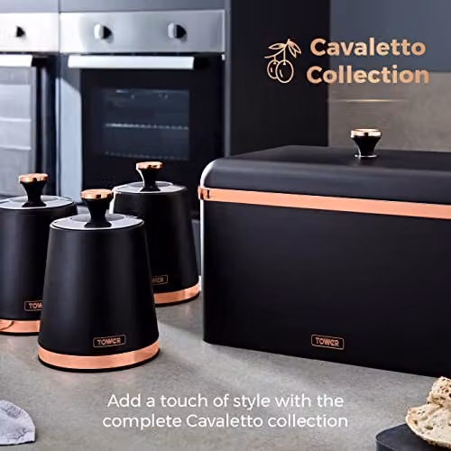 Tower Cavaletto Set of 3 Airtight Stainless Steel Storage Canisters for Coffee, Tea and Sugar in Black and Gold – 6
