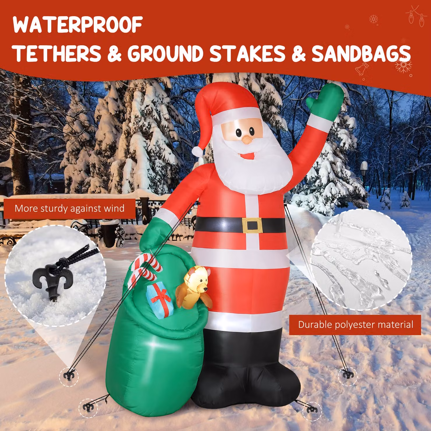 Outsunny 275 cm Inflatable Christmas Santa with Bear Sack and Built-in LED Lights in Red – 6