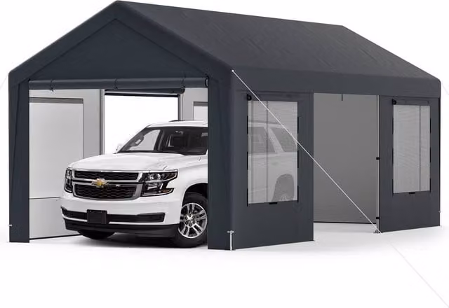 Gymax Grey Car Shelter Garage Canopy Tent with 8 Removable Sidewalls, W: 600 cm, D: 300 cm, H: 280 cm